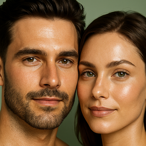 Close-up of a man and woman with clear skin on a green background